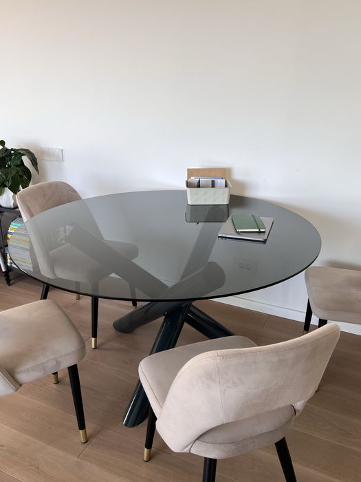 Masă dining rotundă sticlă + picioare metal, Ø140 cm, negociabil
