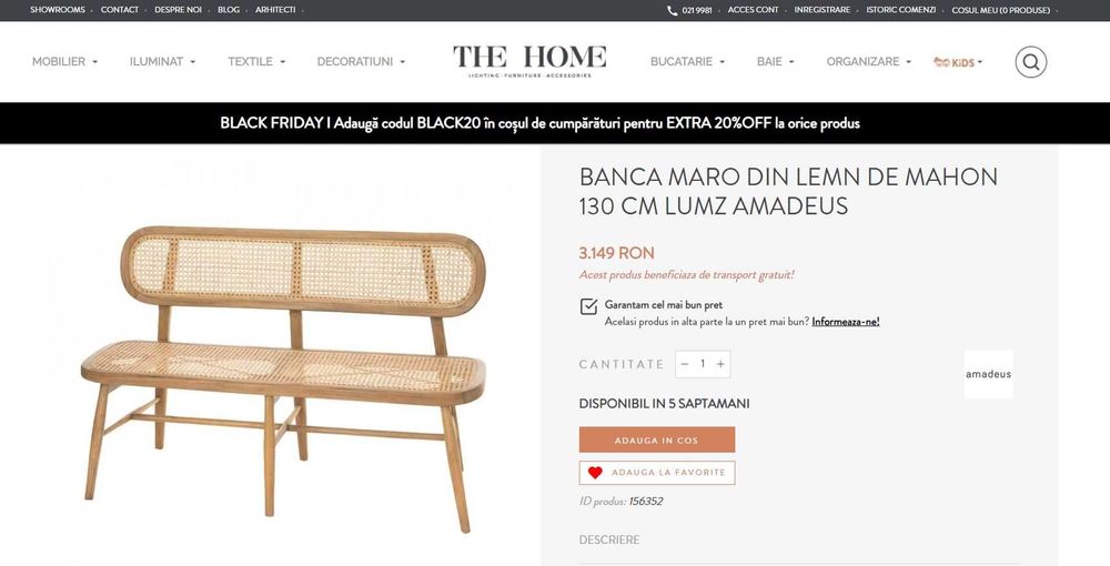 Banca lemn masiv si ratan Lumz Amadeus 130 cm lungime