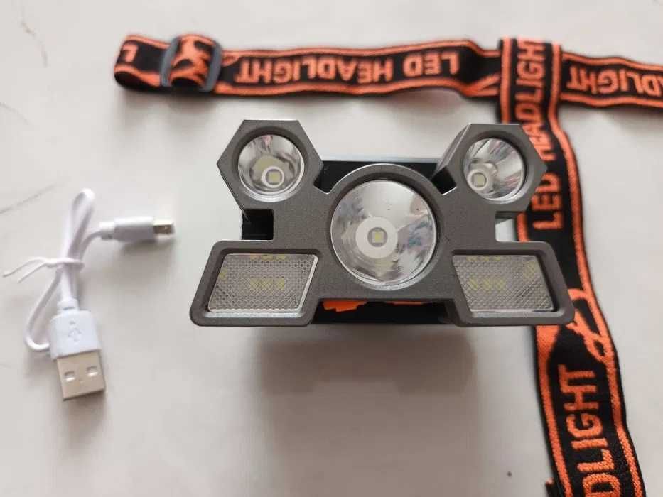 Мощен LED фенер, челник 5 LED светлини, акумулаторен фенер за глава