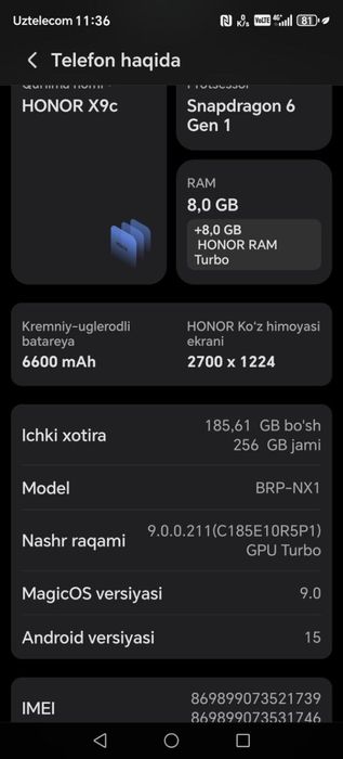 Honor x9c 256 gb ideal holatda