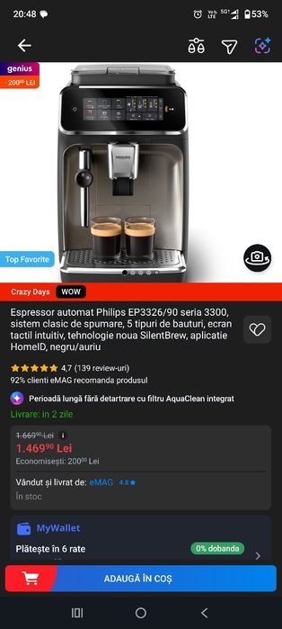 Aparat de cafea automat Philips seria 3300 EP3326/90, in garanție