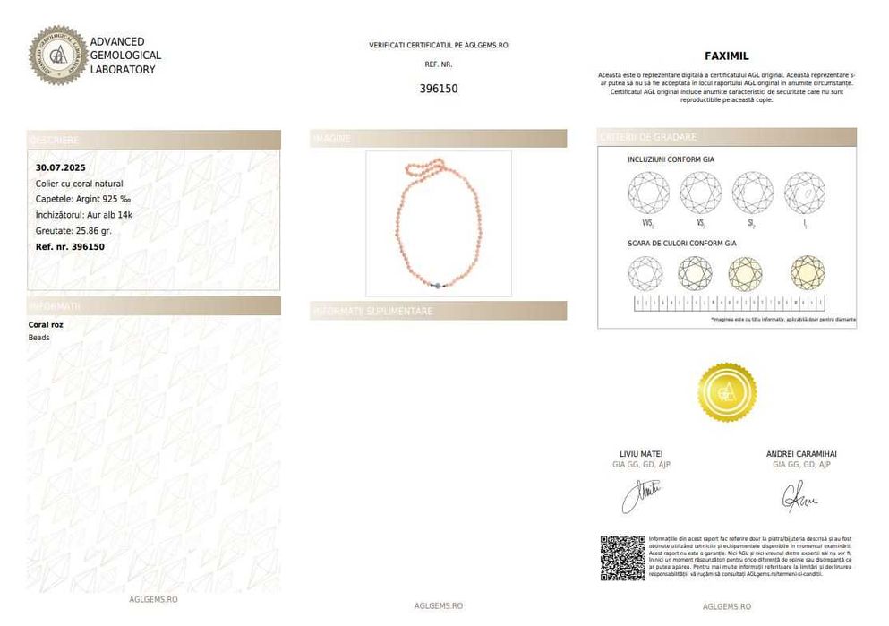 Colier din coral roz, cu închizătoare din aur alb