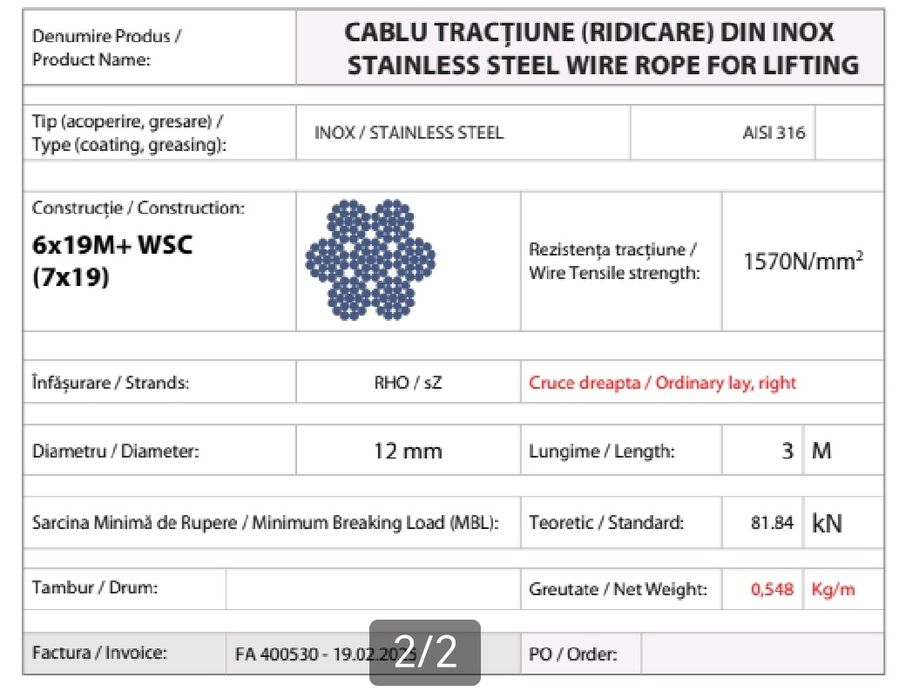 3m Cablu 12mm inox 316