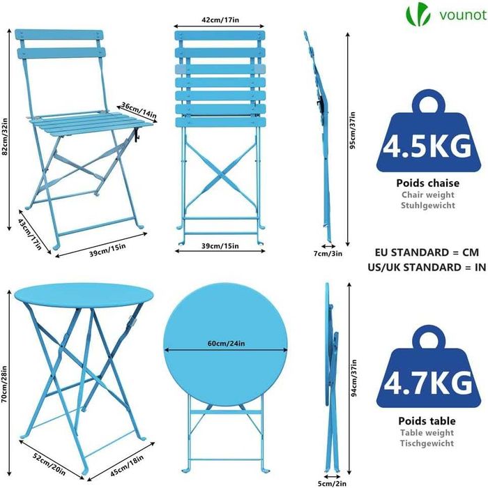 Set Bistro VOUNOT, 3 piese , masa Bistro pliabila cu 2 Scaune , metal , albastru marin