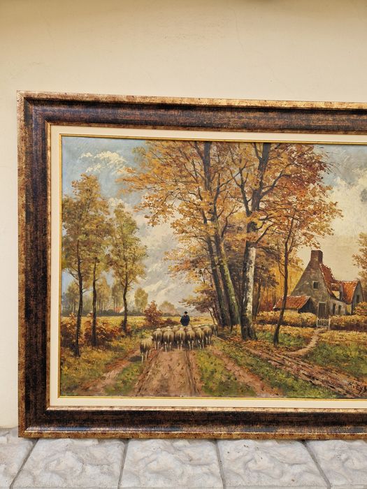 Уникална голяма антикварна белгийска картина масло върху платно