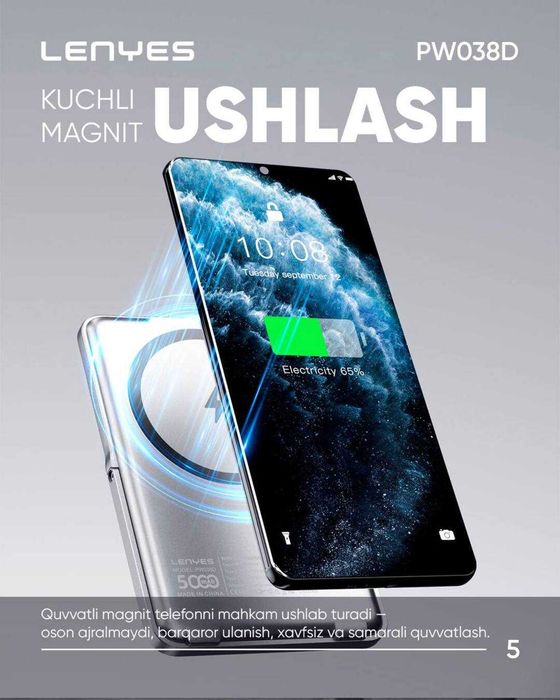 Lenyes PW038D Magnitli Powerbank / Besprovodnoy poverbank (Yangi)