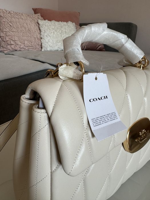 Нова! Coach - оригинална дамска чанта, естествена кожа, кремова