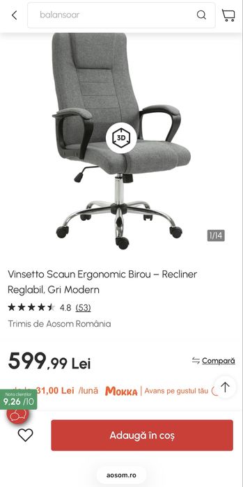 Scaun ergonomic de birou gri Aosom