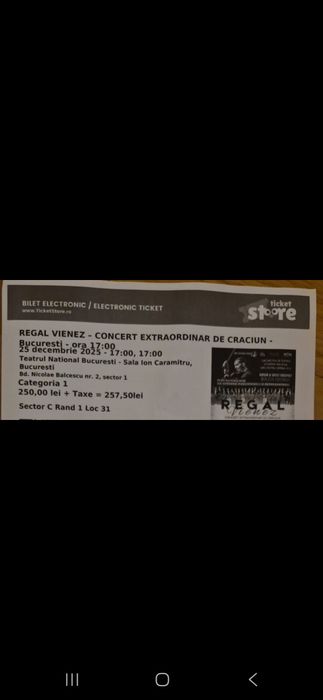 2 BILETE  REGAL VIENEZ 25 decembrie categoria I