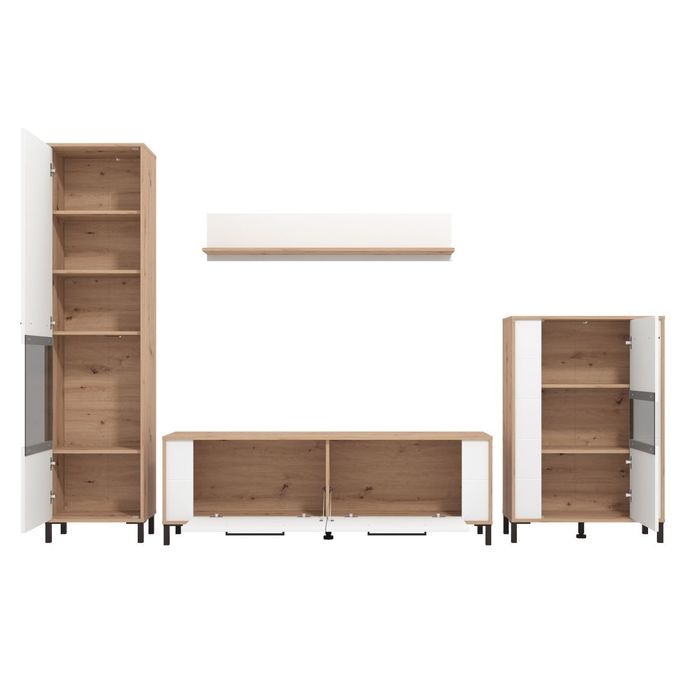 Biblioteca living, stejar artisan + alb, 298 cm, 3 corpuri