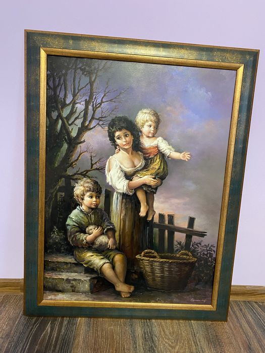 Tablou pictura ulei pe panza semnat : fata si copii