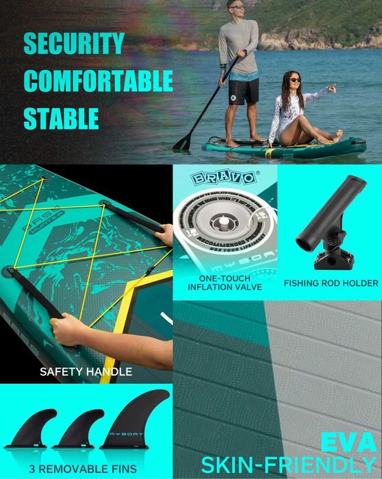 Нов, висок клас, широк 350 СМ надуваем падъл борд all-round SUP MYBOAT MY16 (Bass Hunter Green PRO) в тюркоазено-зелен дизайн.