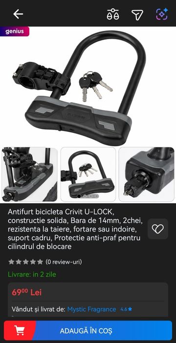 Antifurt bicicletă - U Lock - Tip U - Crivit Basic D-Bar