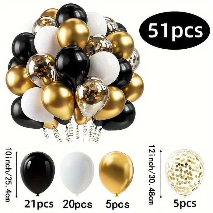 Set 51 piese baloane negre, albe si aurii