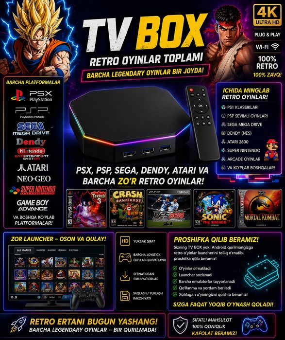 Tv boxga retro o'yinlarni proshifka qlib beramiz  psx psp sega dendy