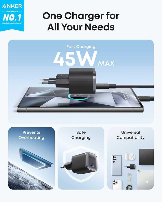 Anker Nano 45W USB-C зарядно за стена и кабел 1.8m