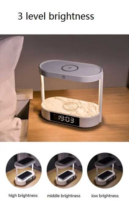 Incarcator Wireless 4 in 1, Lampa Noptiera, Cu Ceas, Alarma
