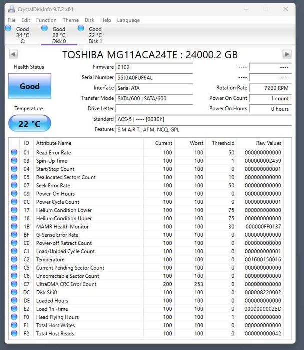 HDD 24TB Toshiba Enterprise Capacity SATA3 nou, 0 ore, 0 bytes