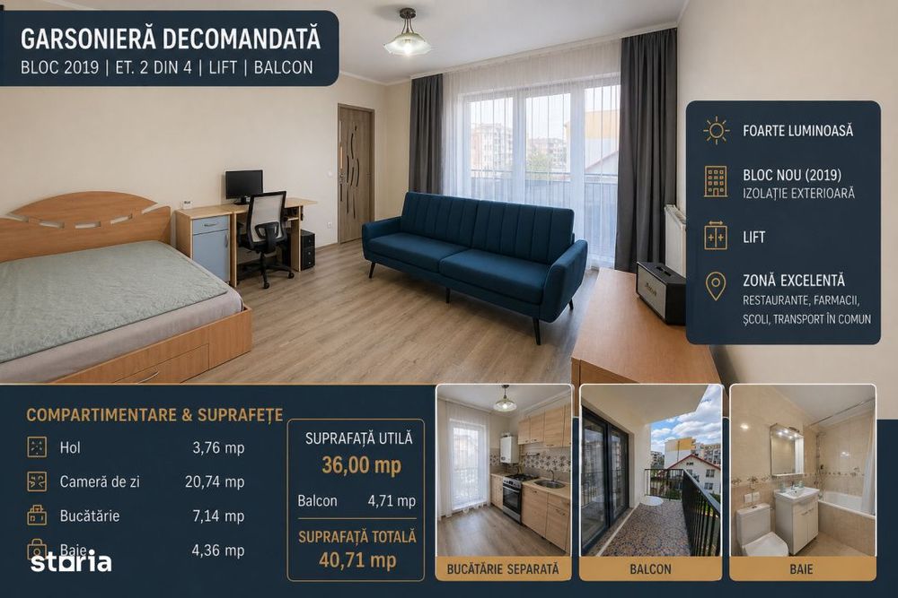 Garsoniera decomandata | 40.71 mp | Bloc 2019 | Balcon | zona Vasile A