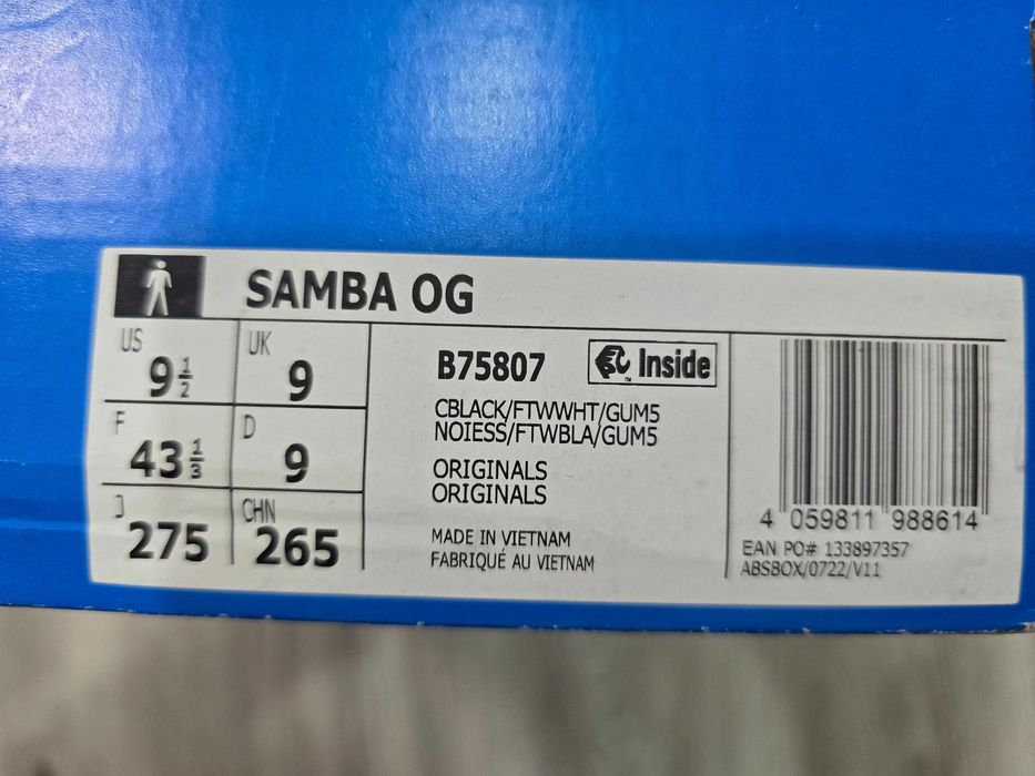 Продаются кроссовки Adidas Samba OG Black из Европы. Размер: 43 UK: 9