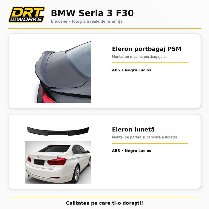 Accesorii BMW Seria 3 F30 Sedan | Eleroane Lip Praguri Grila Pleoape Embleme Capace Tuning DRT WORKS