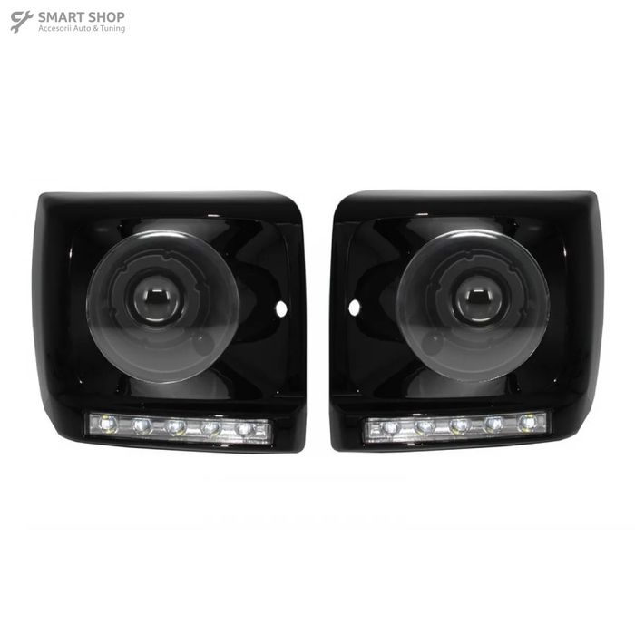 Carcasa Faruri cu Lumini de zi dedicate LED DRL compatibil cu Mercedes G-class W463 (1989-2012) G65 Design Negru cu Faruri Bi-Xenon