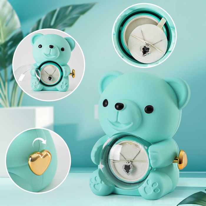 Подаръчна кутия мече с вечна роза сребърно колие сърце картичка 6 вида