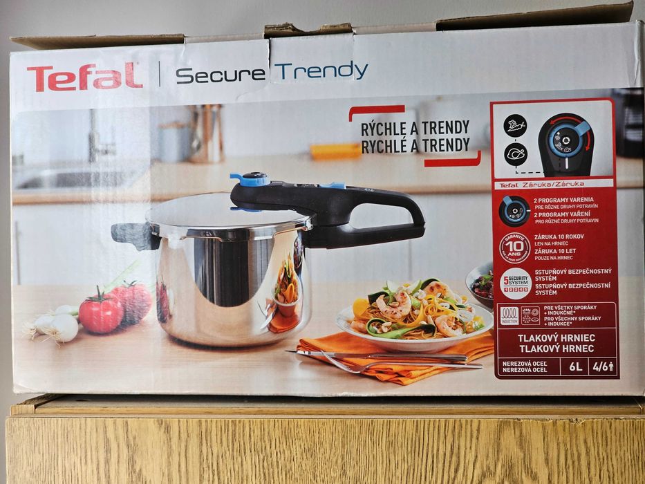 Тенджера под налягане Tefal Secure Trendy 6 Aqua Blue, 6 л, 2 нива готвене, 5 системи за безопасност, Индикатор налягане, Индукция, Неръждаема стомана