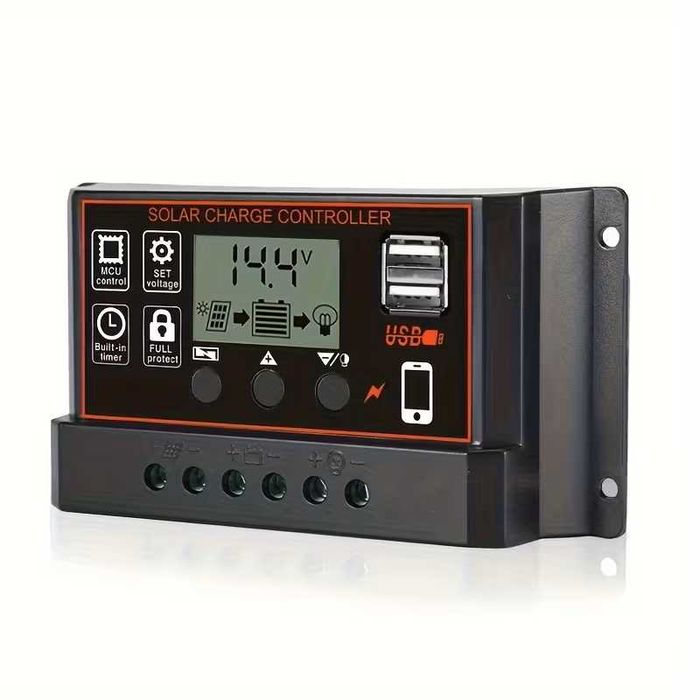Соларен контролер 12V/24V - 10A с LCD дисплей, 2 USB, PWM за панели