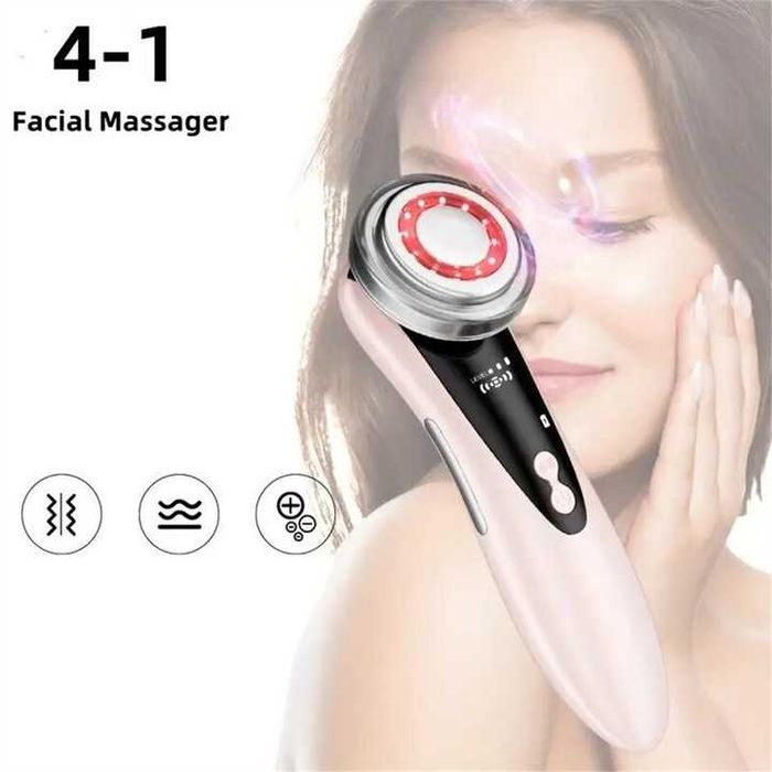 Aparat masaj facial 4 in 1, roz, cu 4 moduri, functie de lumina rosie si albastra, incarcare USB