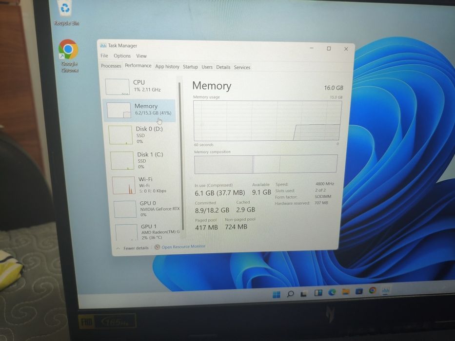 Leptop de gaming nitro V 15 , 165Hz 16GB RAM  DDR5 , procesr  AMD Ryzen 5 7535HS Redeon Graphics Cu placă video dedicată de la Nividia  RTX 3050 6GB