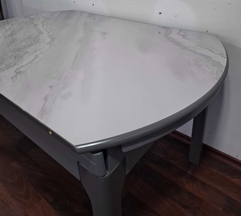 Masa MARMURA Alba cu insertii gri in valuri 135x85->135x135