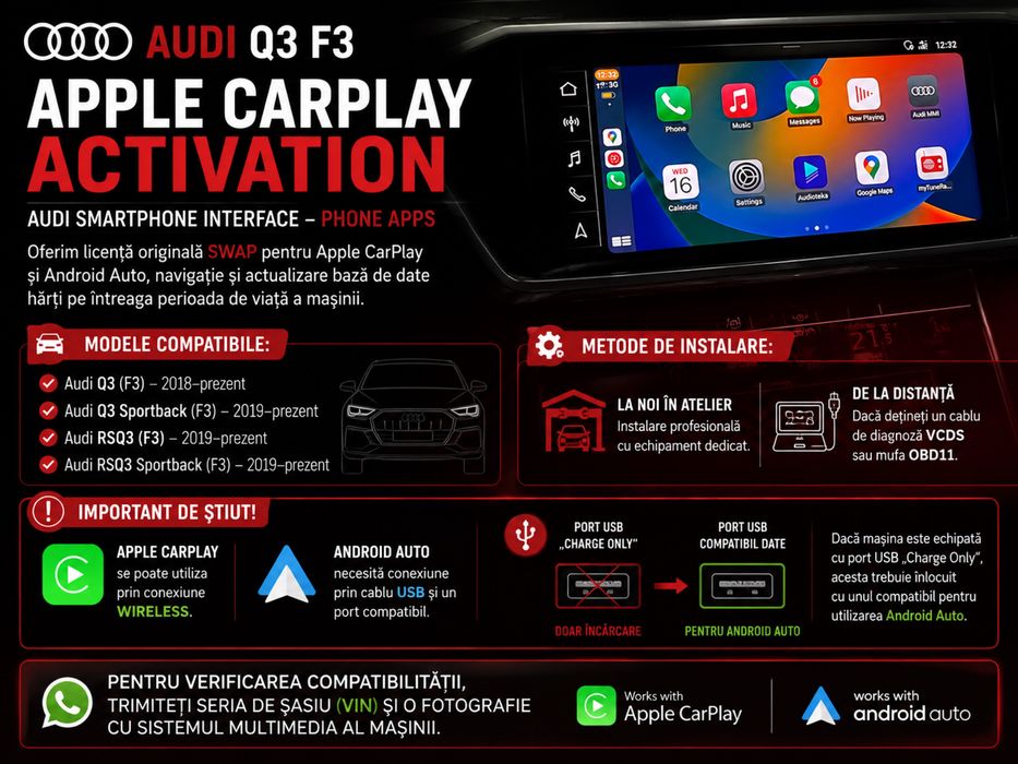 Activare Apple CarPlay Android Auto Audi Q3 F3 Hărți Europa 2025