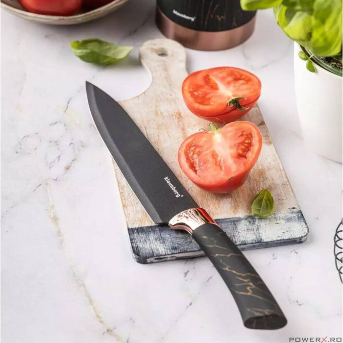 Cutite de bucatarie cu suport, set de 5, negre, cu model maro,