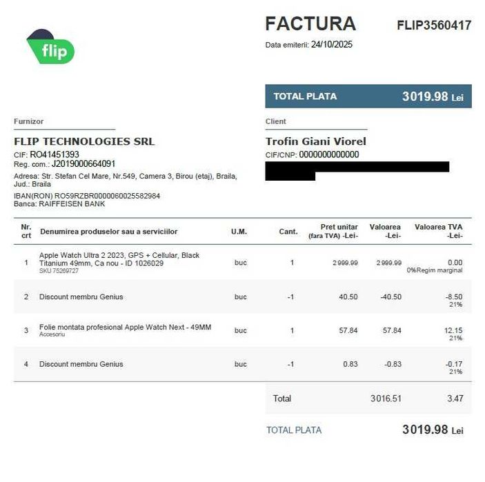 Apple Watch Ultra 2 2023, GPS + Cellular, Black Titanium 49mm N/A - achizitionat de la Flip.ro cu garantie valabila pana la data de 24.10.2027