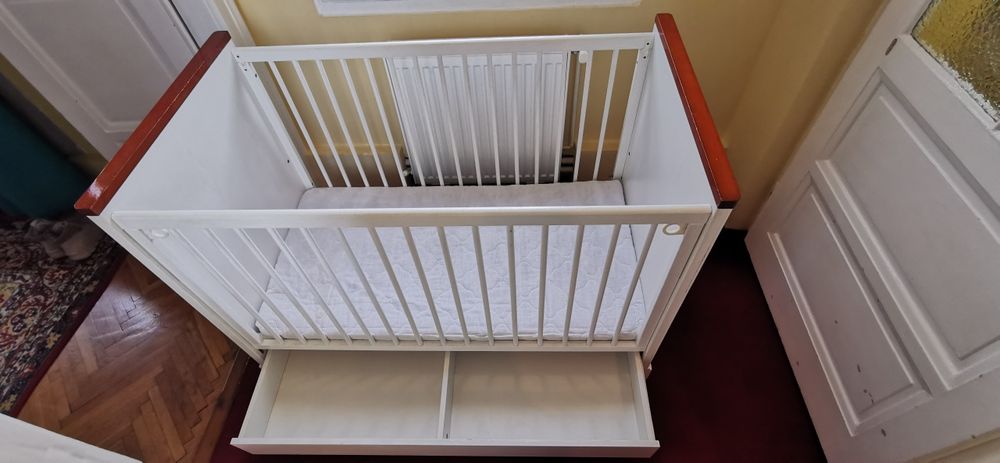 Patut pentru copii Baby, din lemn masiv, 120x60 cm, cu sertar