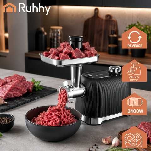 Eлектрическа месомелачка / Месомелачка с пълначка / Мелачка за месо 2400W – с реверс, 3 стоманени решетки и приставка за наденици
