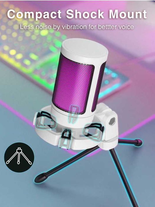 Mикрофон FIFINE A2 с RGB подсветка + стойка, USB Type-C, Бял