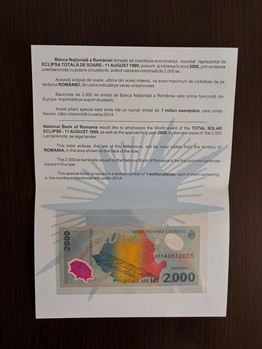 Bancnote 2000 lei Eclipsa 1999 – UNC, în folie, serii consecutive – 35