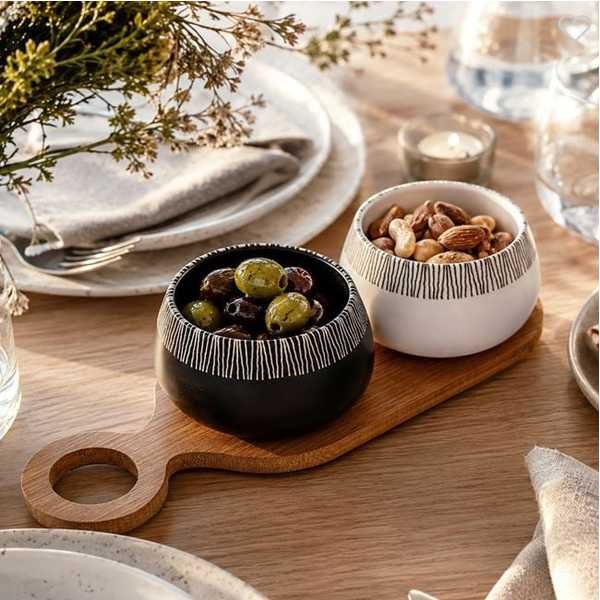 Бамбуково плато за разядки Mercado Trade, 2 керамични купички с поставка