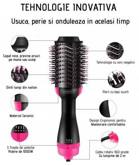 Perie electrica Fixa cu aer cald QueenCare One Step Dryer, 3 in 1