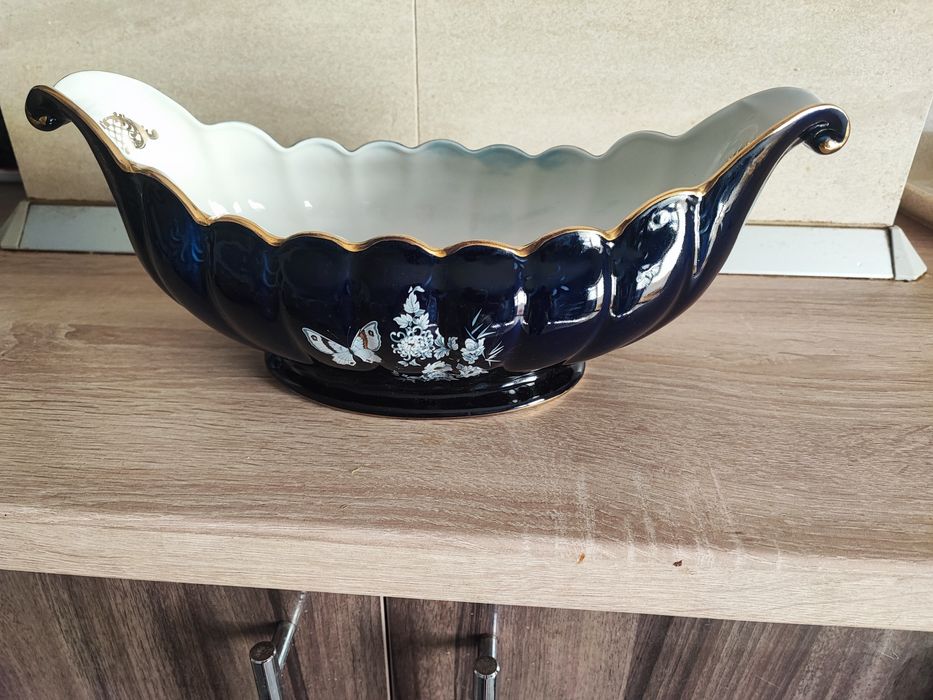 Fructieră mare ARPO Curtea de Argeș, porțelan cobalt cu aurire, vintage
