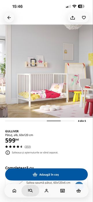 Pătuț bebeluși IKEA Gulliver 60×120 cm + saltea din fibră de cocos Integral