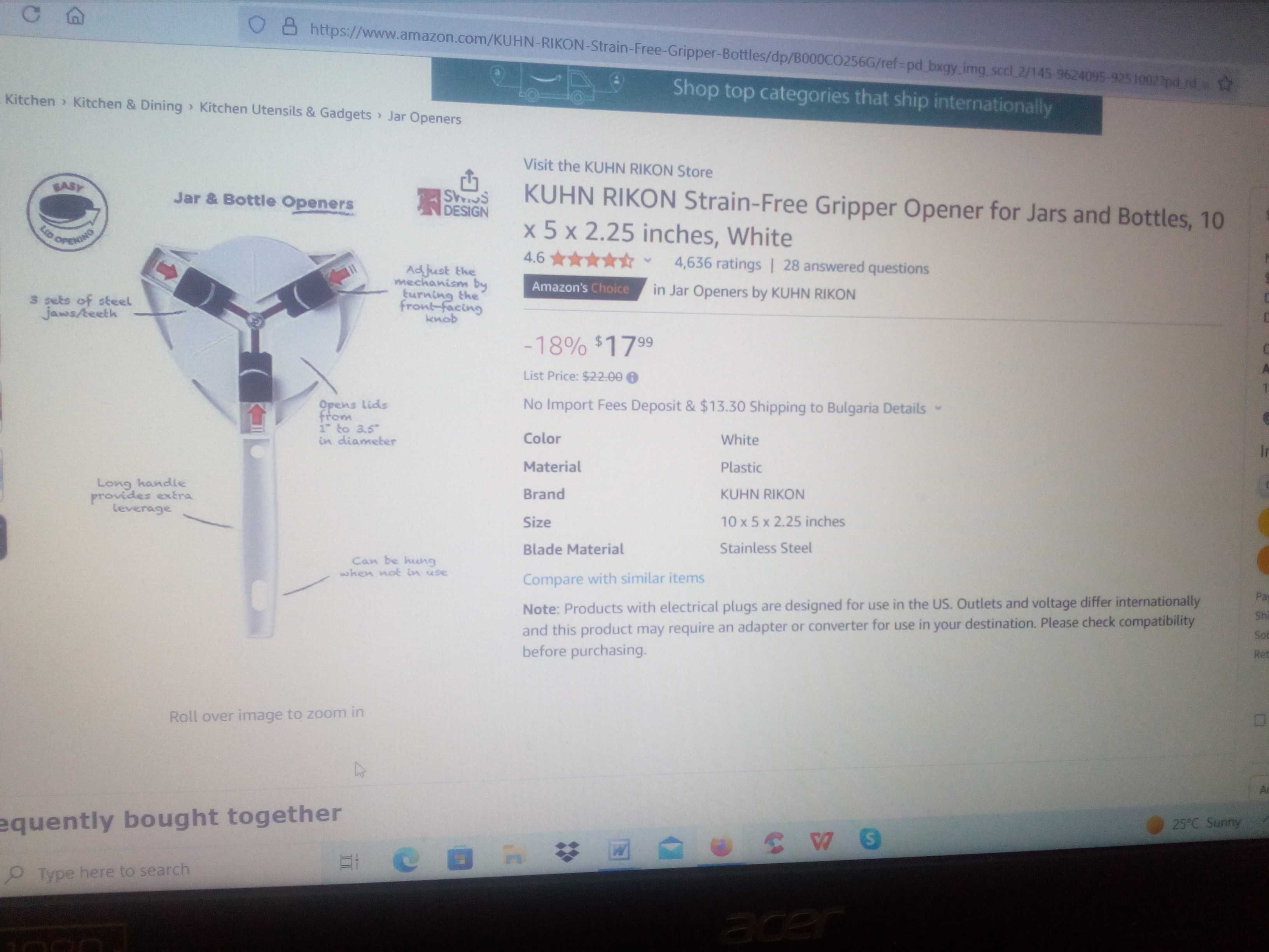 KUHN RIKON Strain-Free Gripper Opener for Jars 10 x 5 x 2.25 inches, White