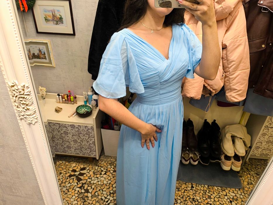 Официална светлосиня рокля, дълга с корсет