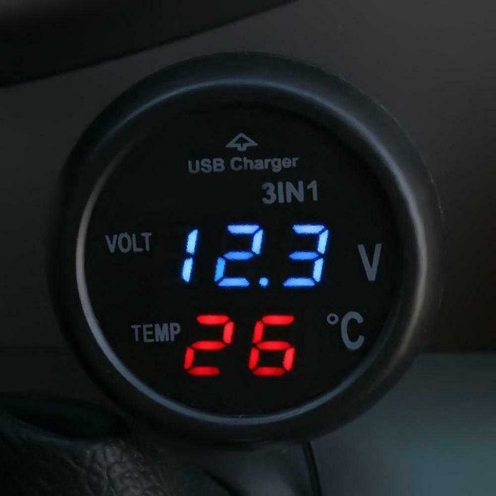 3 in 1 LED Voltmeter digital +Termometru+incarcare USB. 12/24V, Nou!