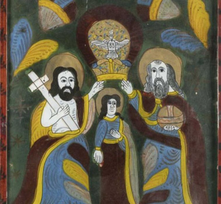 Icoană pe glajă „Încoronarea Fecioarei”, atelier din Nicula, sec. XIX