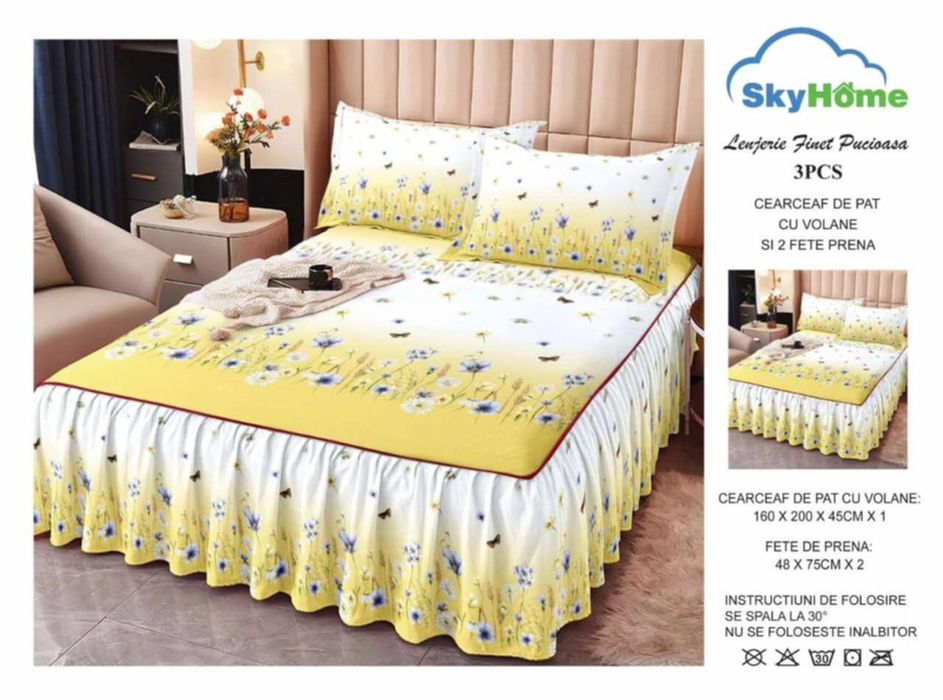 Cearceaf de pat finet cu volănașe + doua fete de perna