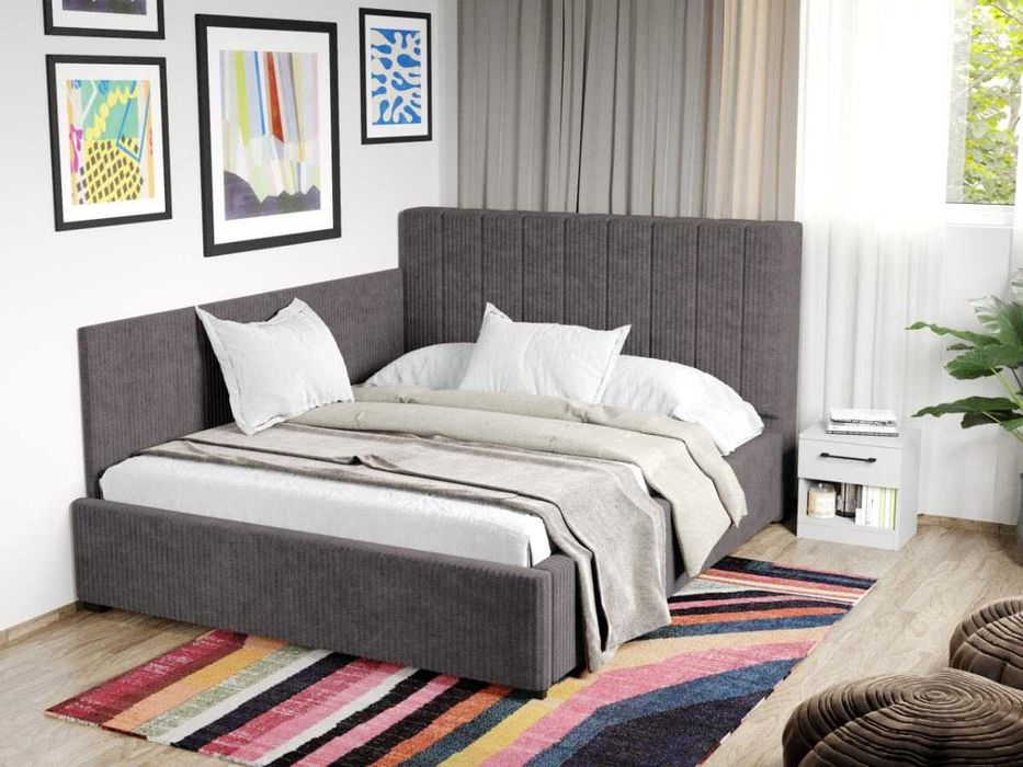 Pat Tapitat de colt Adam Gri Poso 22 cu somiera rabatabila si lada