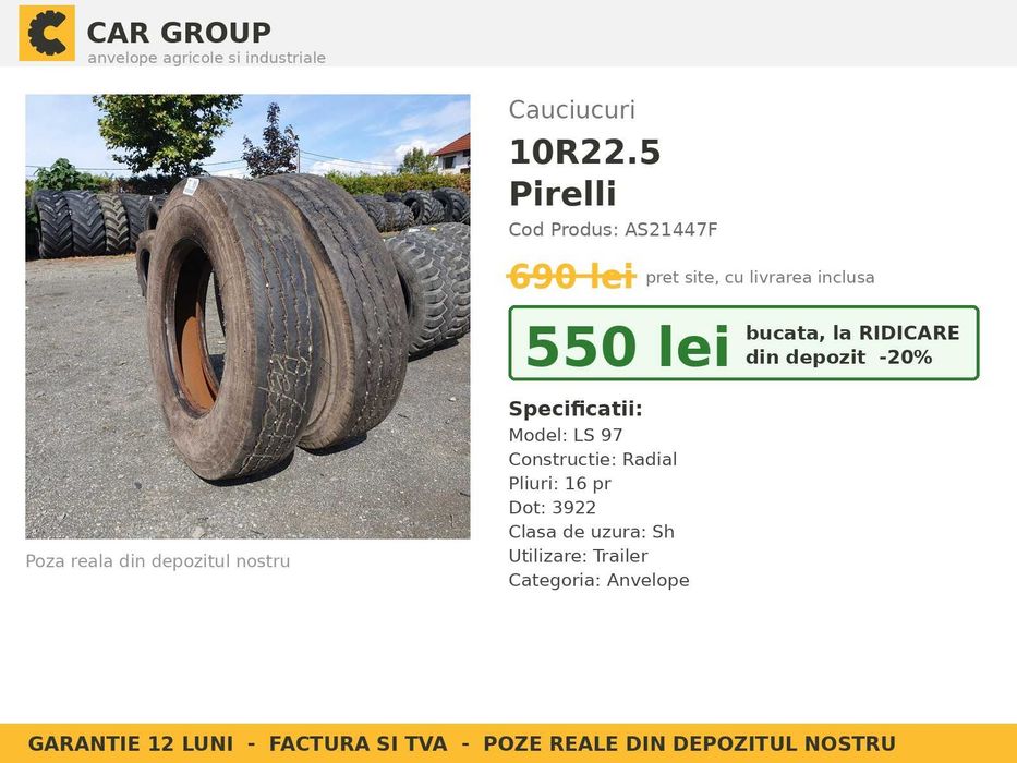 Anvelope Cauciucuri 10R22.5 10 R22.5 10-22.5 10.00R22.5 1022 Pirelli Remorca Implement Flotatie SH Second Hand VERIFICATA Garantie 1 An Factura TVA